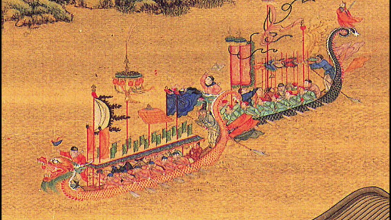 Ancient dragon boats on Chinese river